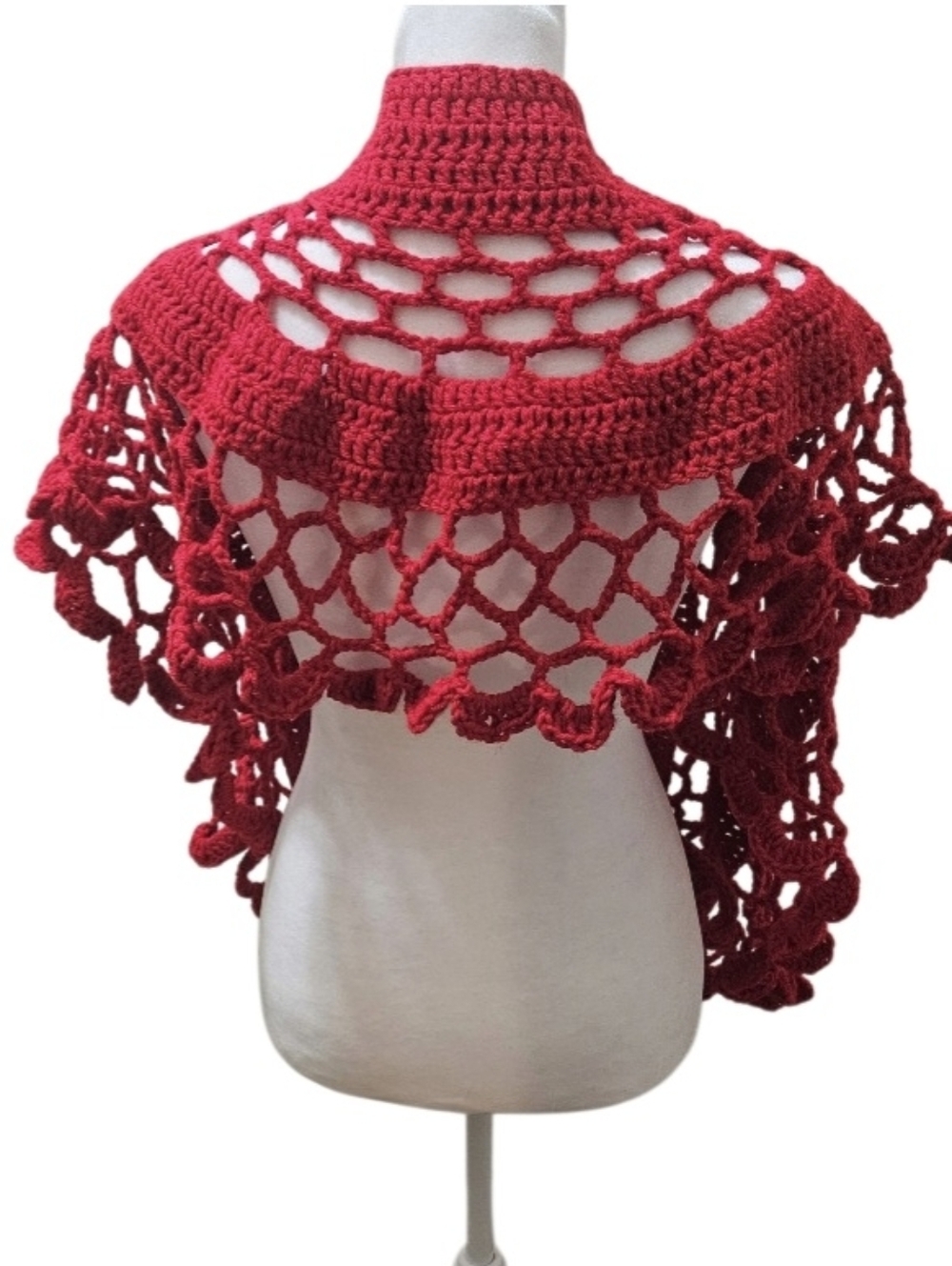HAND CRAFTED Open-Knit Red Crochet Shrug Sweater 5-way Acrylic Summer Piece - Picture 5 of 16